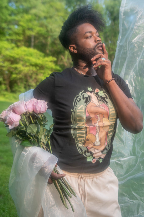 Man wearing Achilles and Patroclus festival style tee